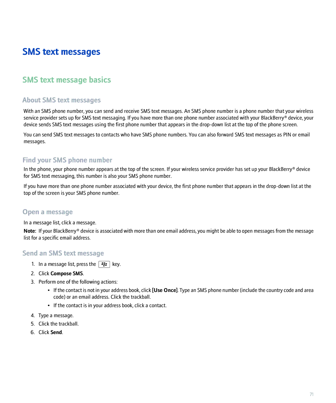 Blackberry 8820 SMS text message basics, About SMS text messages, Find your SMS phone number, Send an SMS text message 