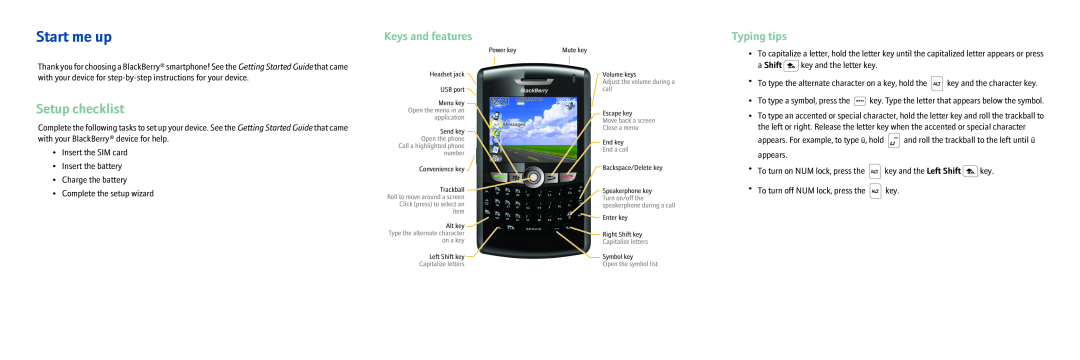 Blackberry 8820 manual Start me up, Setup checklist, Typing tips, Keys and features 