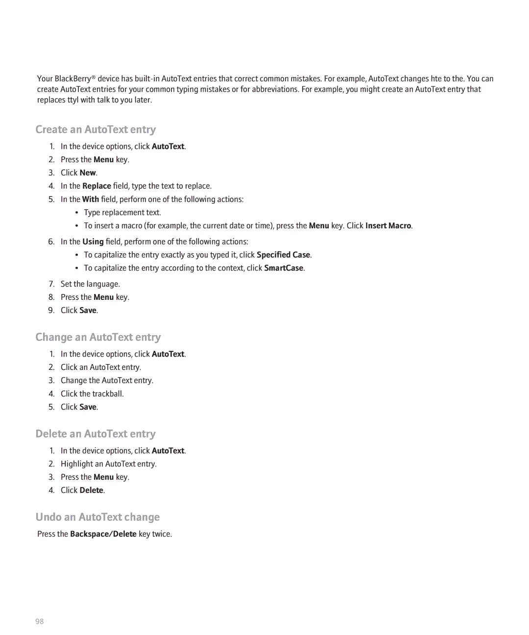 Blackberry 8830 Create an AutoText entry, Change an AutoText entry, Delete an AutoText entry, Undo an AutoText change 