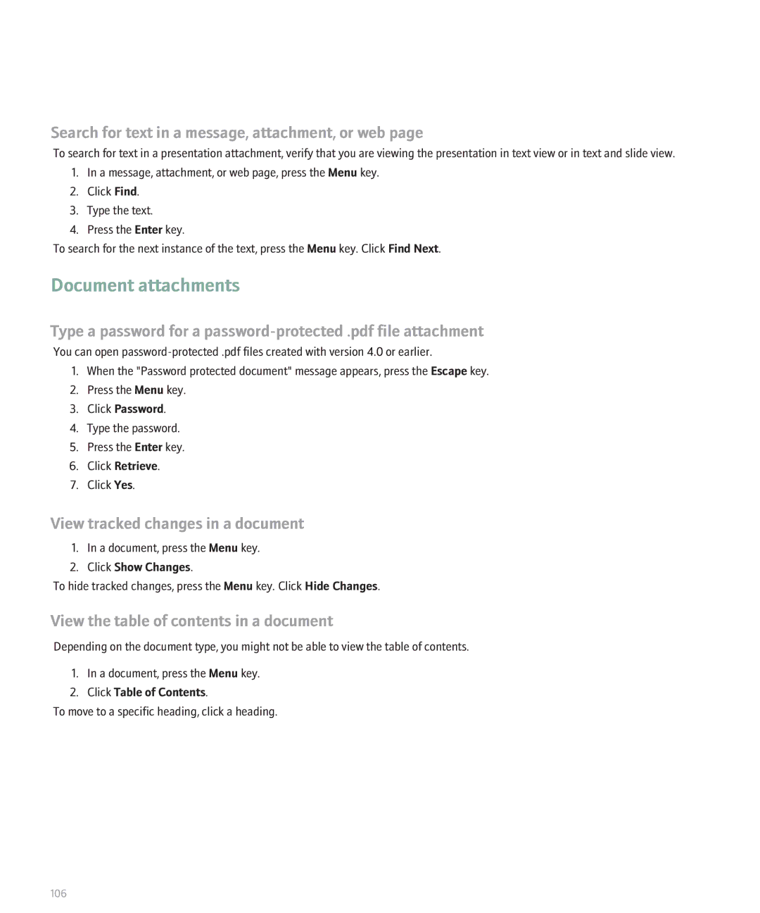 Blackberry 8830 manual Document attachments, View tracked changes in a document, View the table of contents in a document 