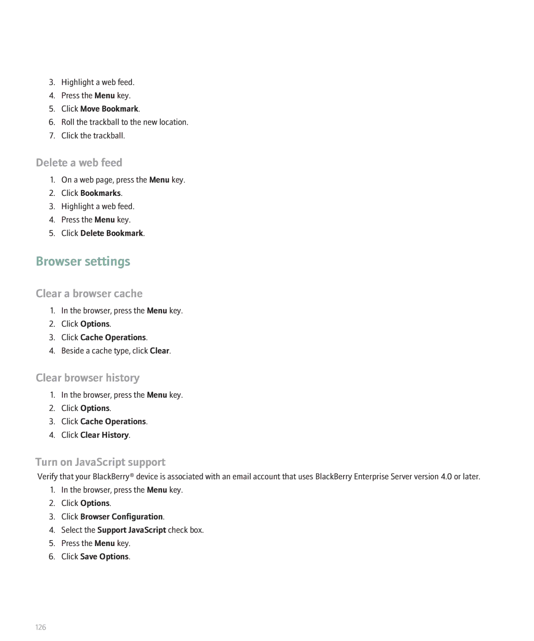 Blackberry 8830 manual Browser settings, Delete a web feed, Clear a browser cache, Clear browser history 