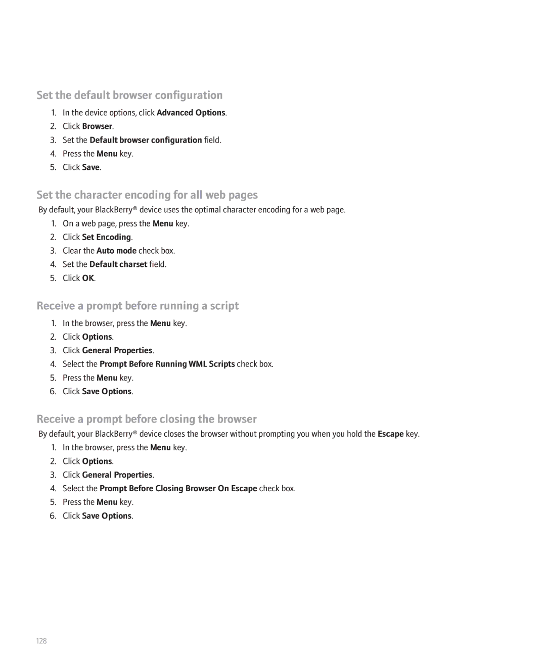 Blackberry 8830 manual Set the default browser configuration, Set the character encoding for all web pages 