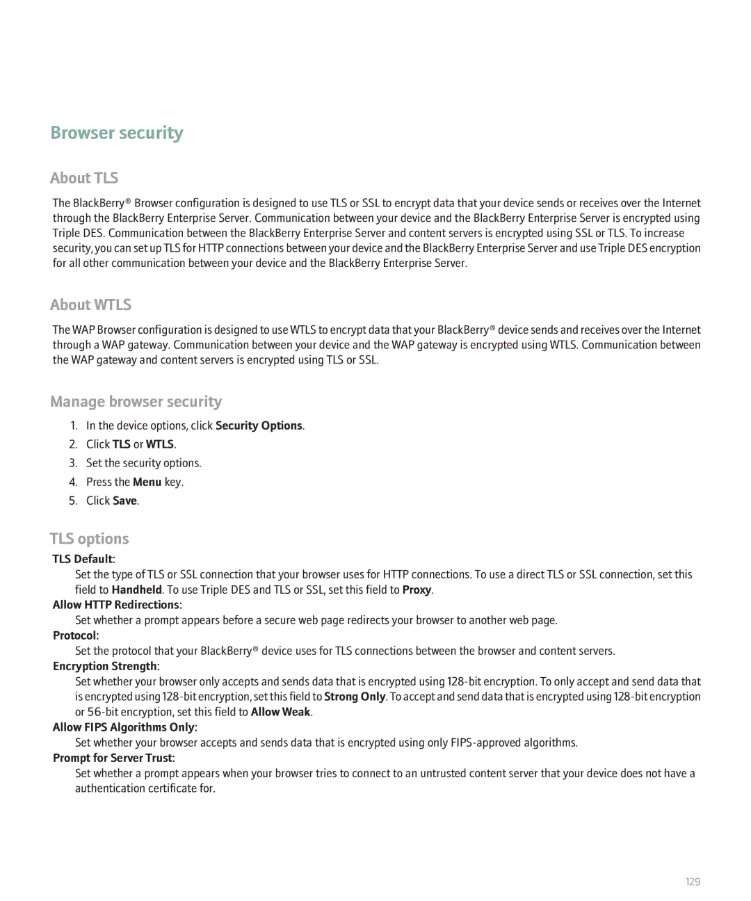 Blackberry 8830 manual Browser security, About TLS, About Wtls, Manage browser security, TLS options 