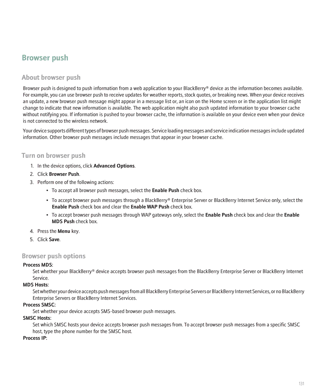 Blackberry 8830 manual About browser push, Turn on browser push, Browser push options 