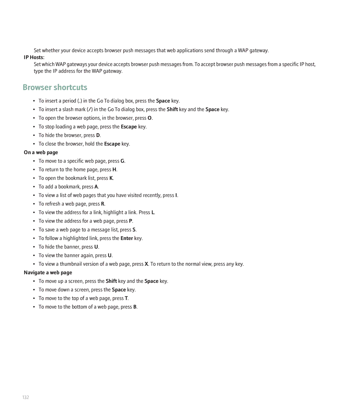 Blackberry 8830 manual Browser shortcuts, IP Hosts 