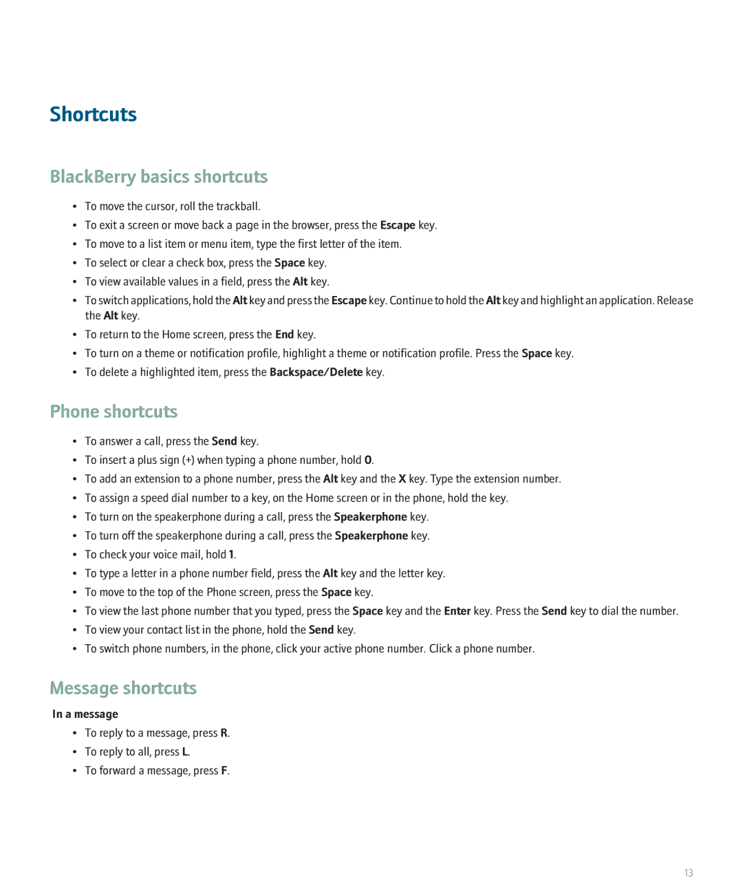 Blackberry 8830 manual Shortcuts, Phone shortcuts, Message shortcuts, A message 