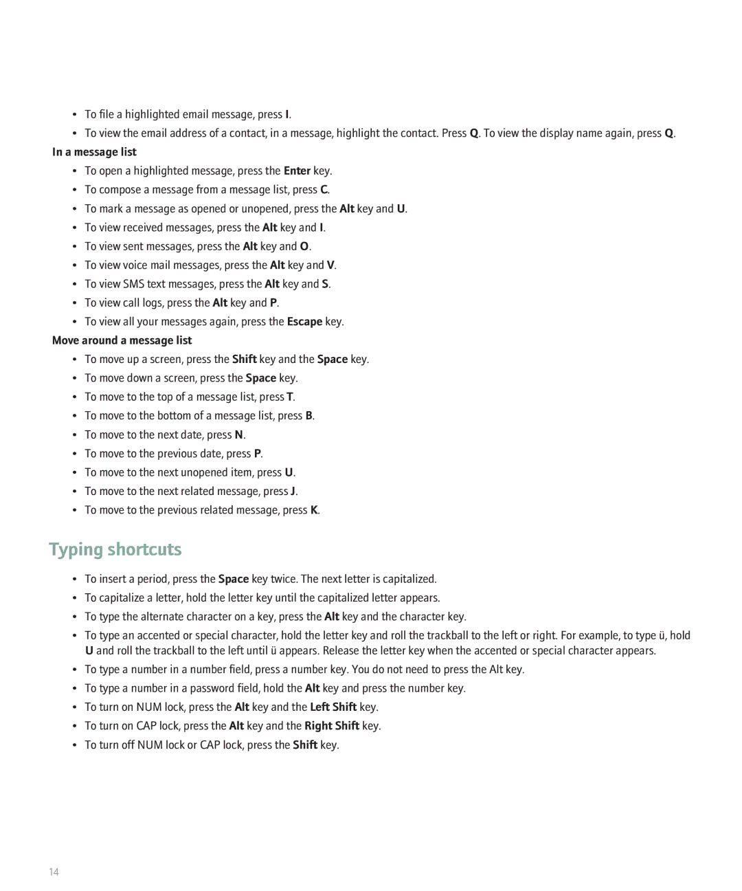 Blackberry 8830 manual Typing shortcuts, A message list, Move around a message list 