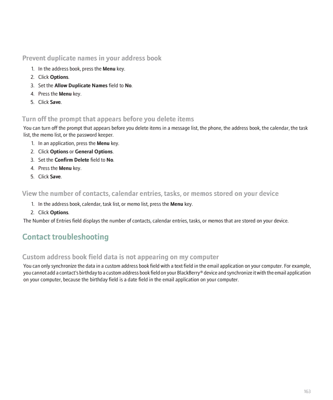 Blackberry 8830 manual Contact troubleshooting, Prevent duplicate names in your address book 