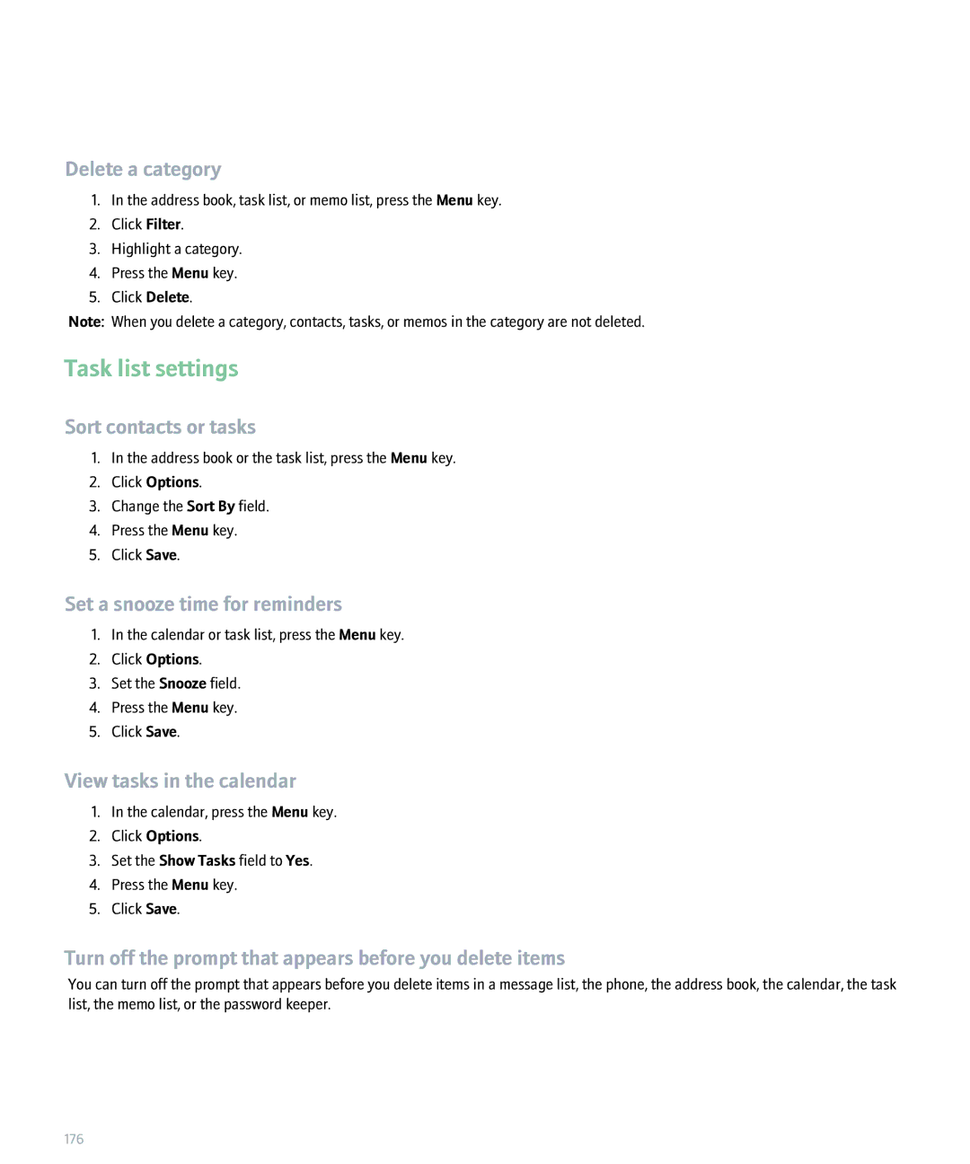 Blackberry 8830 manual Task list settings, Delete a category 
