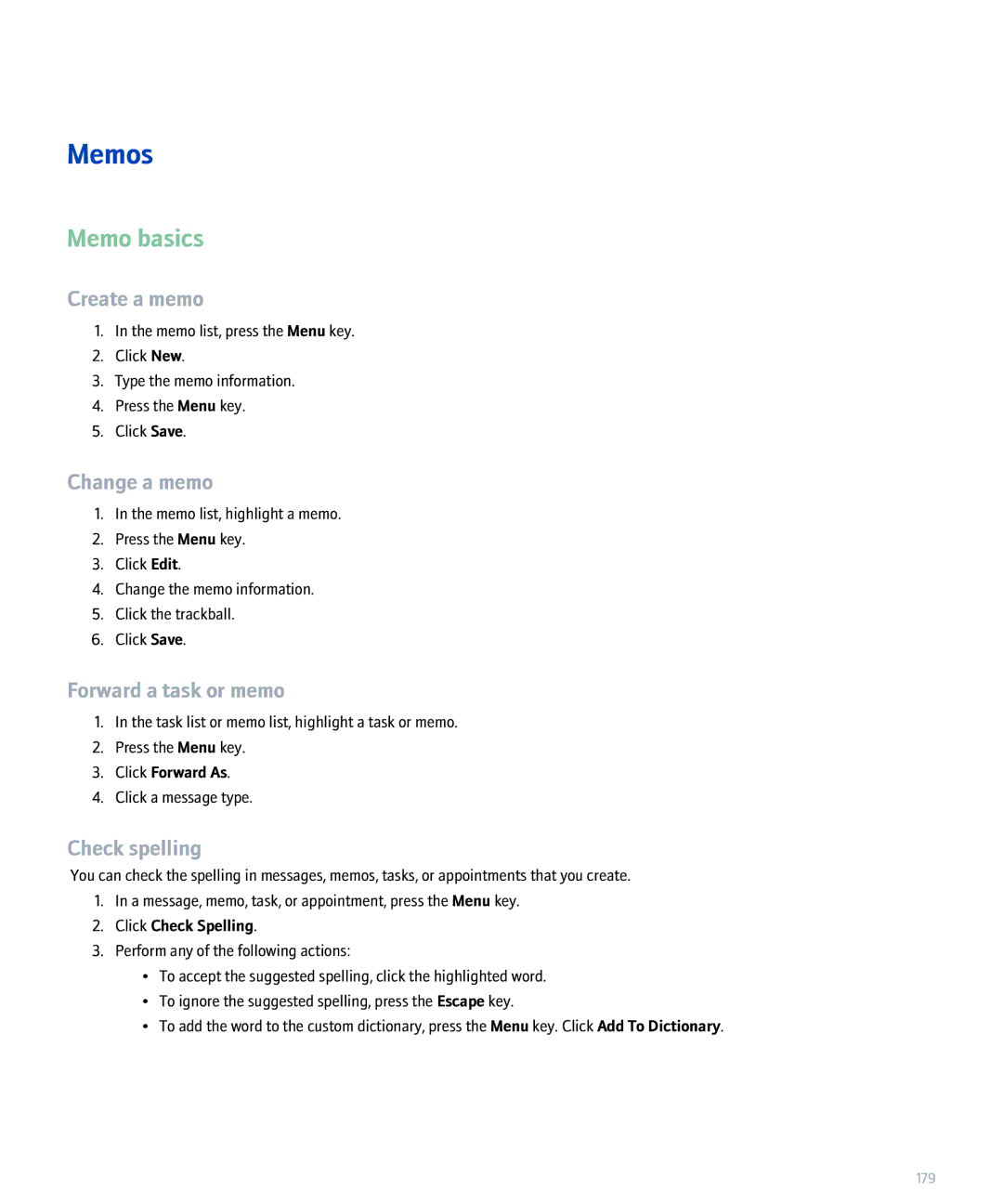 Blackberry 8830 manual Memos, Memo basics, Create a memo, Change a memo 