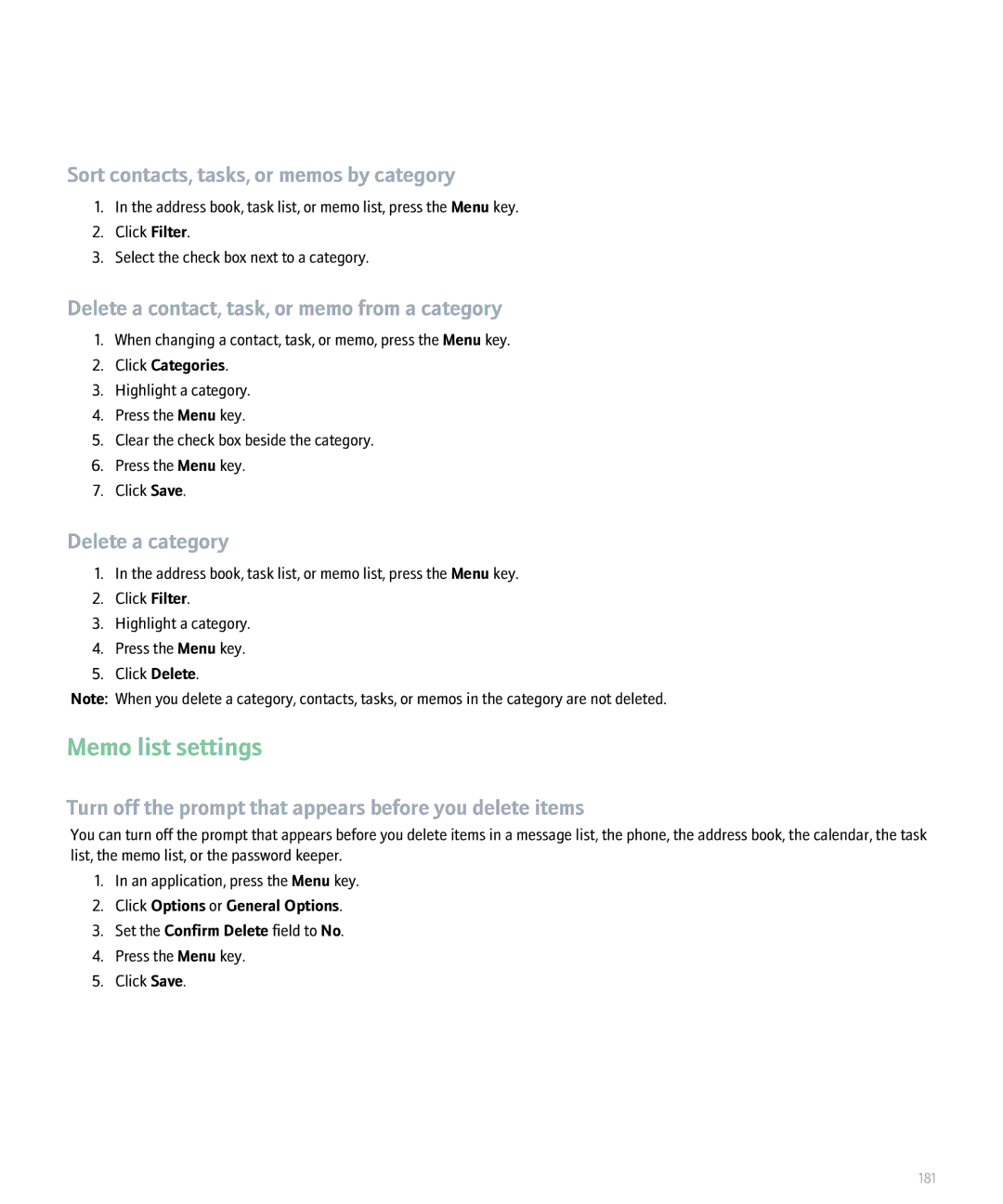 Blackberry 8830 manual Memo list settings, Sort contacts, tasks, or memos by category 