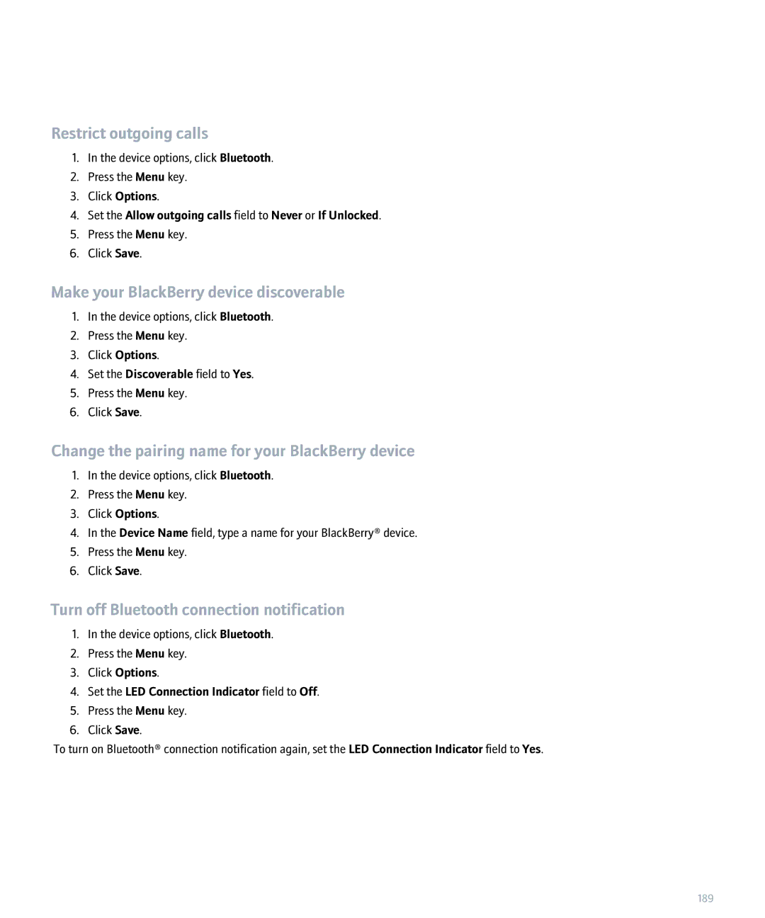 Blackberry 8830 manual Restrict outgoing calls, Make your BlackBerry device discoverable 