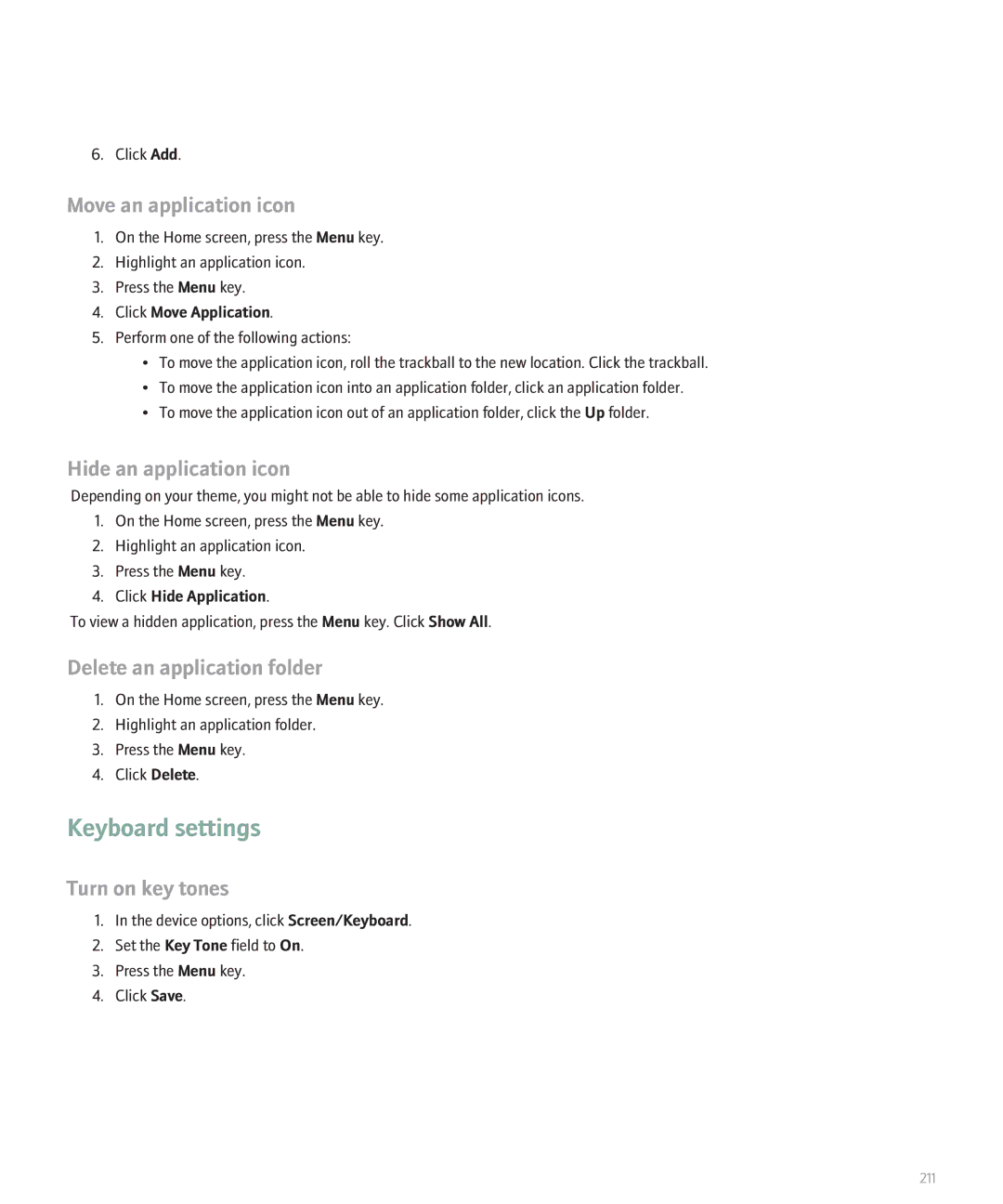 Blackberry 8830 manual Keyboard settings, Move an application icon, Hide an application icon, Delete an application folder 