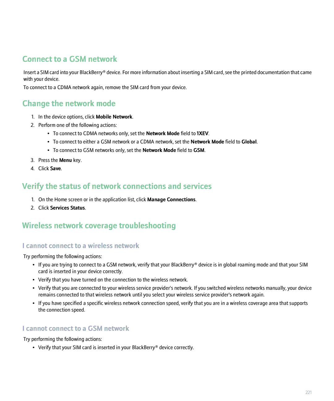 Blackberry 8830 Connect to a GSM network, Change the network mode, Verify the status of network connections and services 