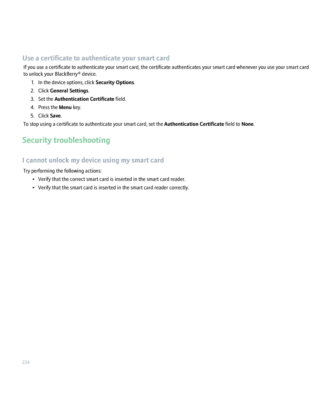 Blackberry 8830 manual Security troubleshooting, Use a certificate to authenticate your smart card 