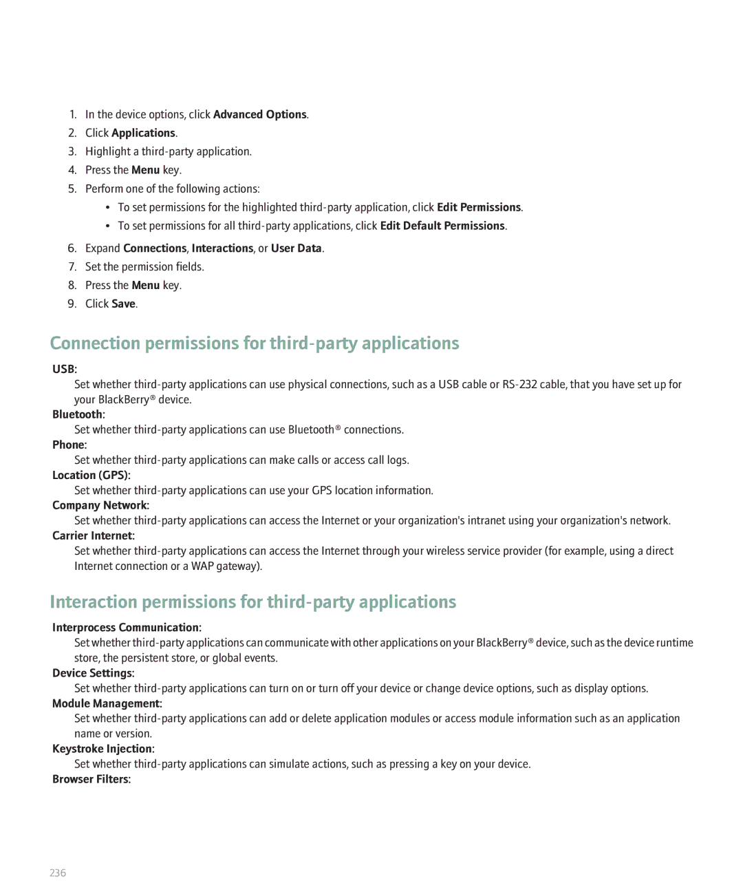 Blackberry 8830 Connection permissions for third-party applications, Interaction permissions for third-party applications 