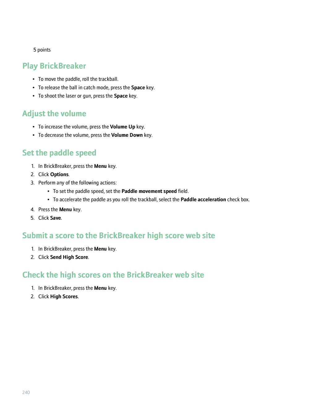 Blackberry 8830 manual Play BrickBreaker, Adjust the volume, Set the paddle speed 