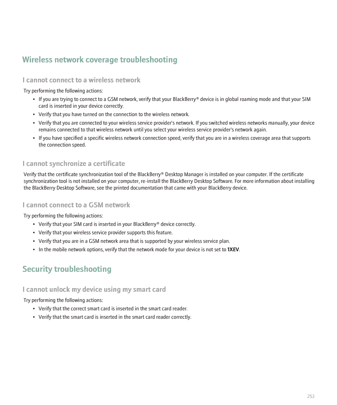 Blackberry 8830 manual Wireless network coverage troubleshooting, Cannot synchronize a certificate 