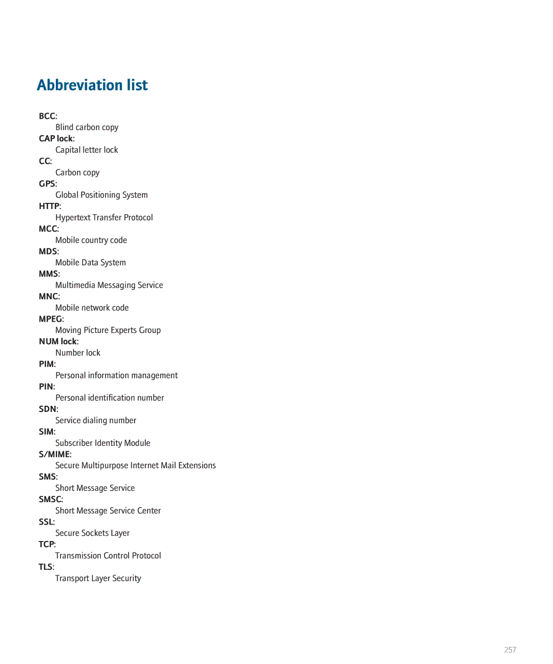 Blackberry 8830 manual Abbreviation list, CAP lock, NUM lock 