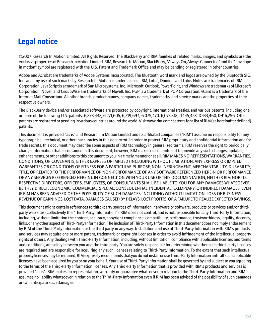 Blackberry 8830 manual Legal notice 