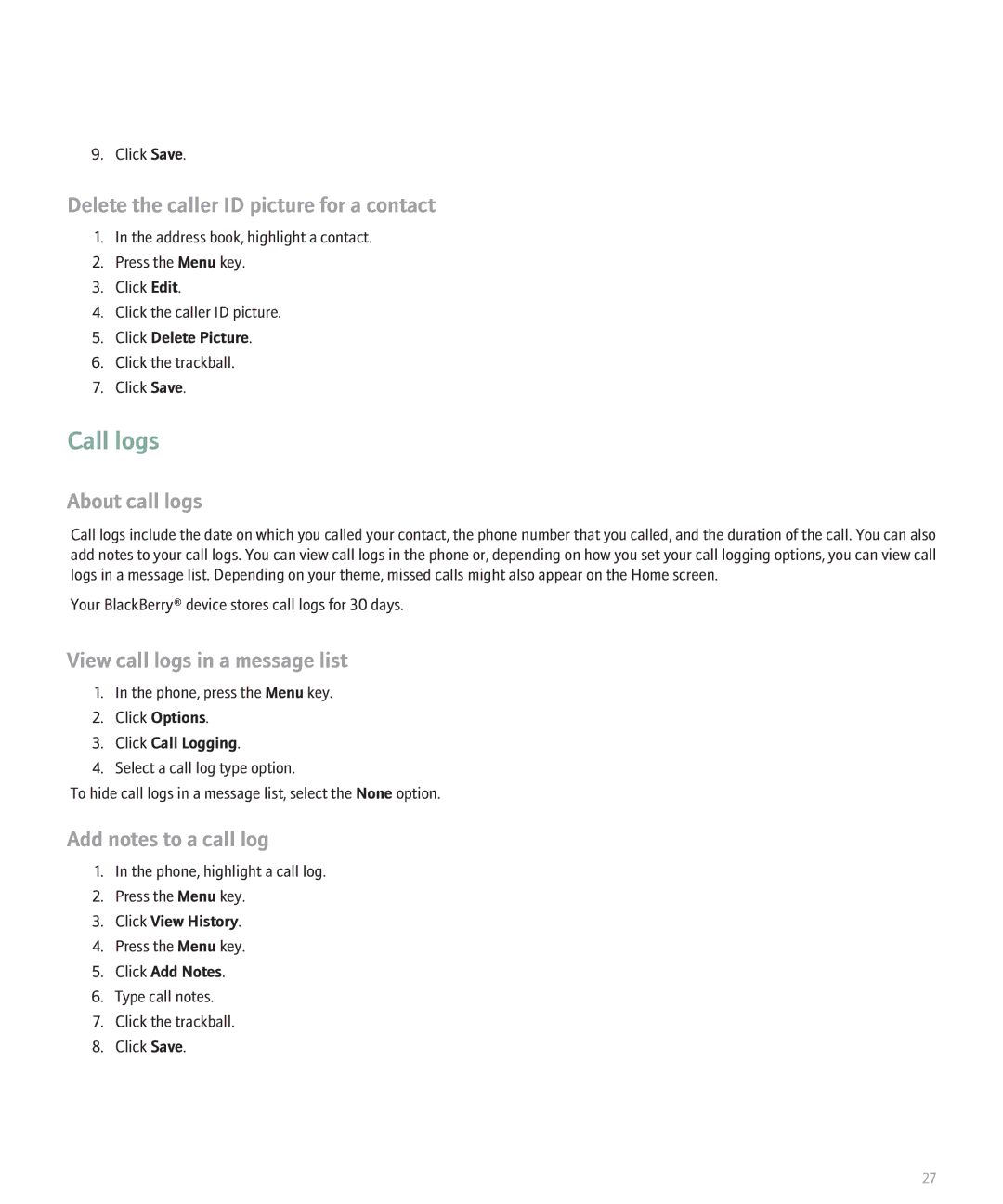 Blackberry 8830 Call logs, Delete the caller ID picture for a contact, About call logs, View call logs in a message list 