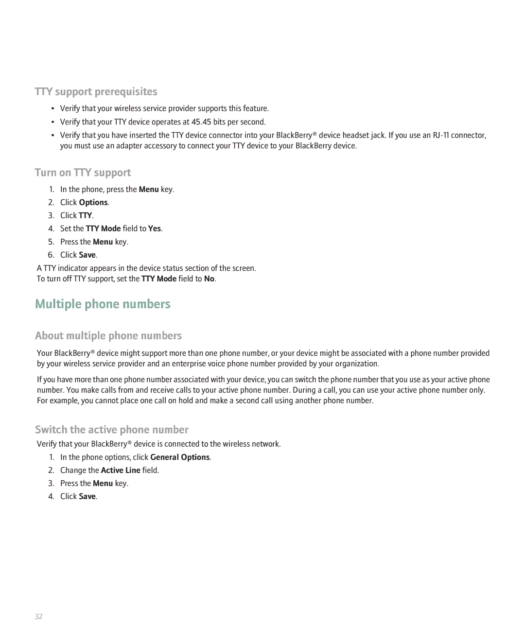 Blackberry 8830 manual Multiple phone numbers, TTY support prerequisites, Turn on TTY support, About multiple phone numbers 