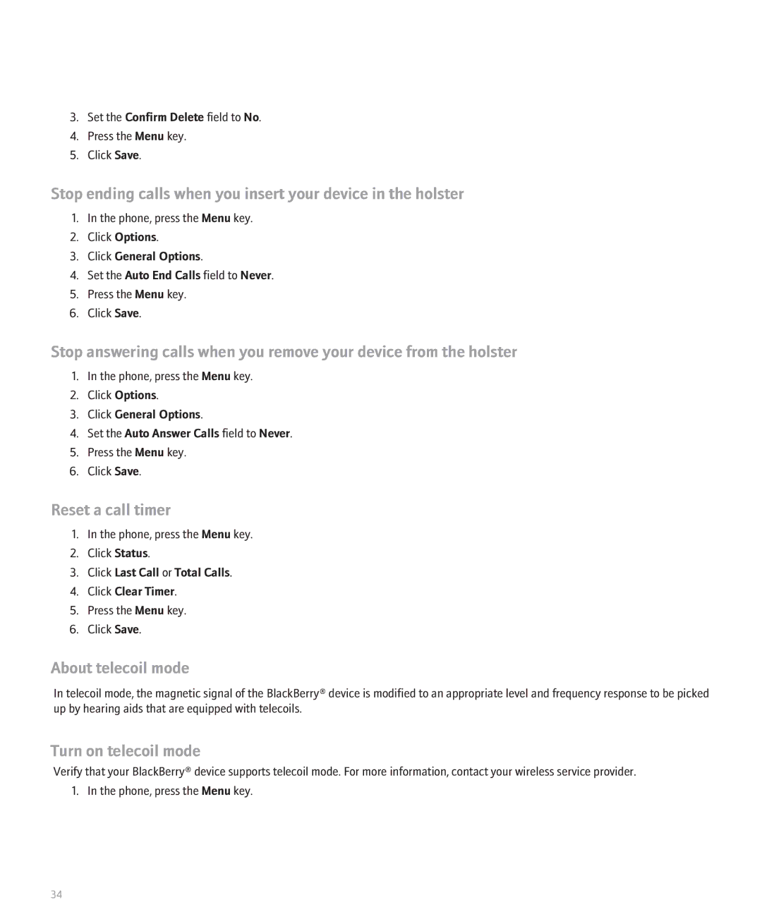 Blackberry 8830 manual Reset a call timer, About telecoil mode, Turn on telecoil mode 