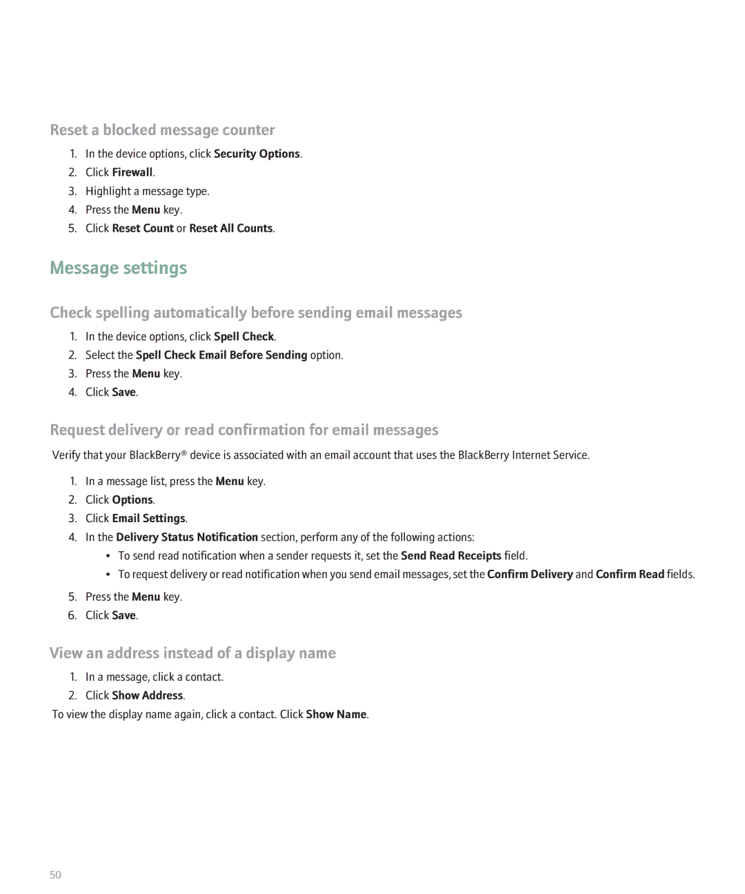 Blackberry 8830 manual Message settings, Reset a blocked message counter, View an address instead of a display name 