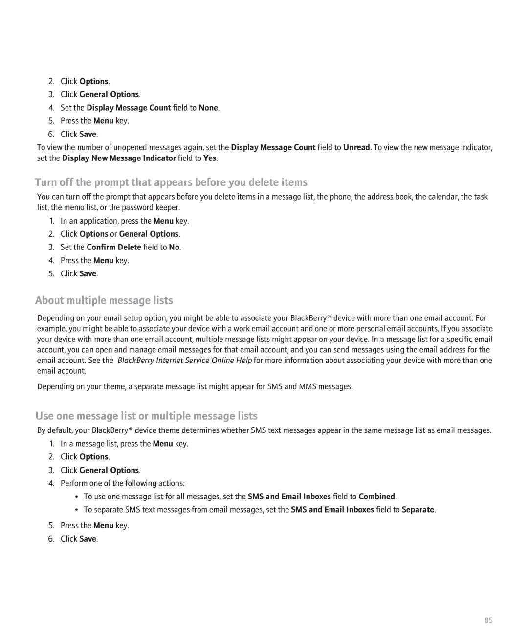 Blackberry 8830 manual Turn off the prompt that appears before you delete items 