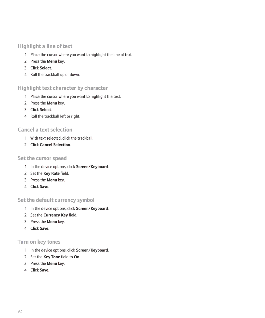 Blackberry 8830 manual Highlight a line of text, Highlight text character by character, Cancel a text selection 