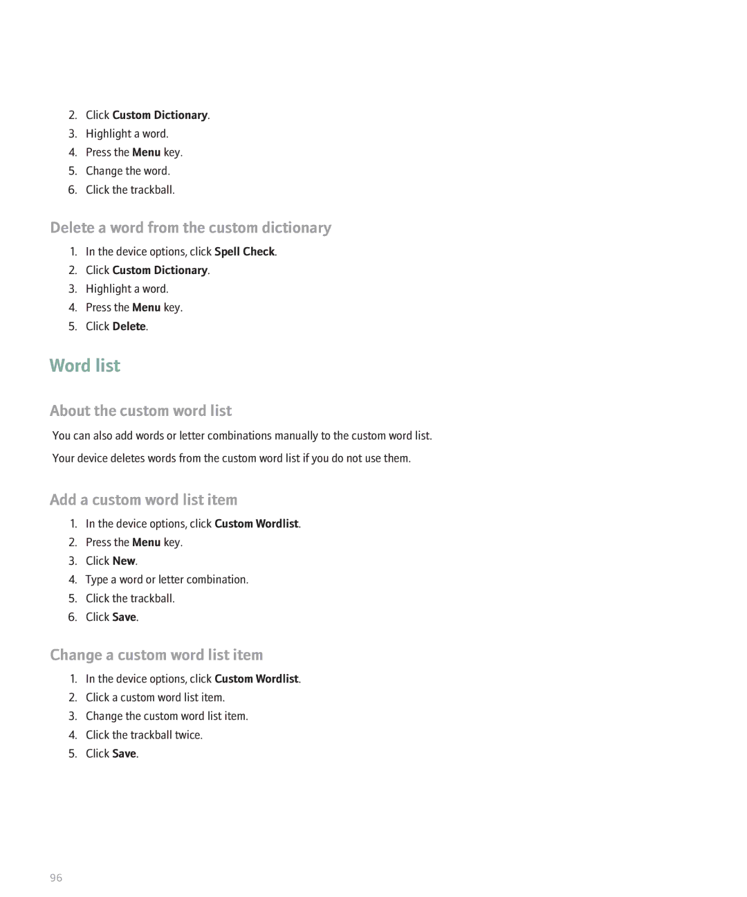 Blackberry 8830 manual Word list, Delete a word from the custom dictionary, About the custom word list 