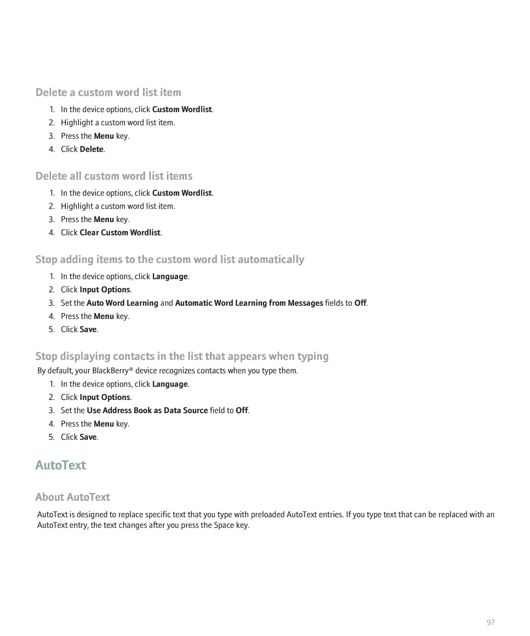 Blackberry 8830 manual Delete a custom word list item, Delete all custom word list items, About AutoText 