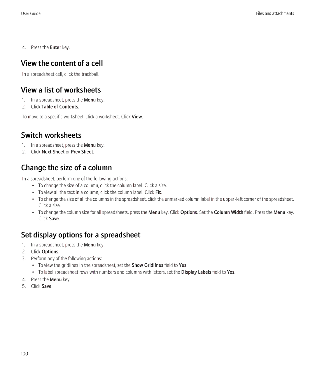 Blackberry 8900 View the content of a cell, View a list of worksheets, Switch worksheets, Change the size of a column 