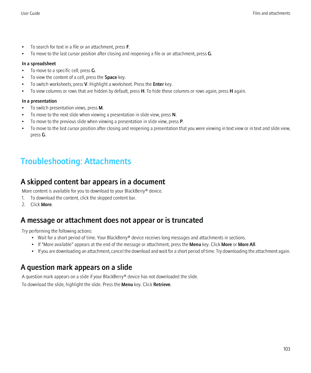 Blackberry 8910 Troubleshooting Attachments, Skipped content bar appears in a document, Question mark appears on a slide 
