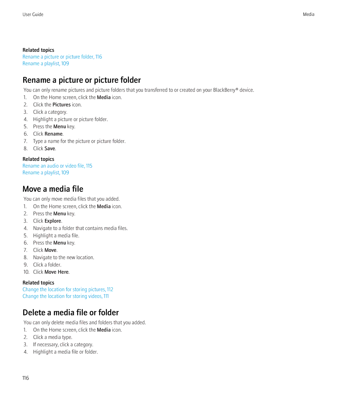 Blackberry 8900, 8910 manual Rename a picture or picture folder, Move a media file, Delete a media file or folder 