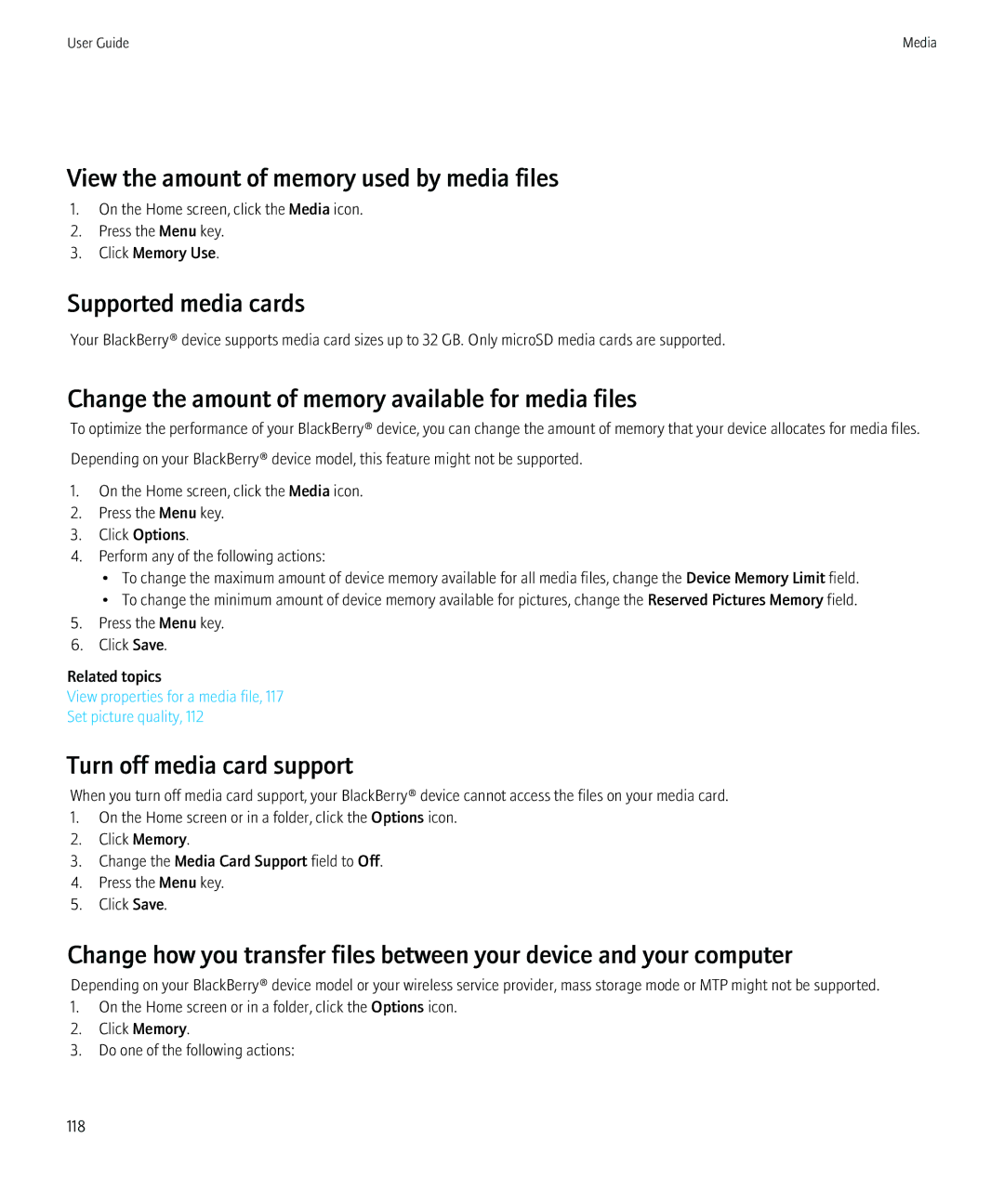 Blackberry 8900, 8910 View the amount of memory used by media files, Supported media cards, Turn off media card support 