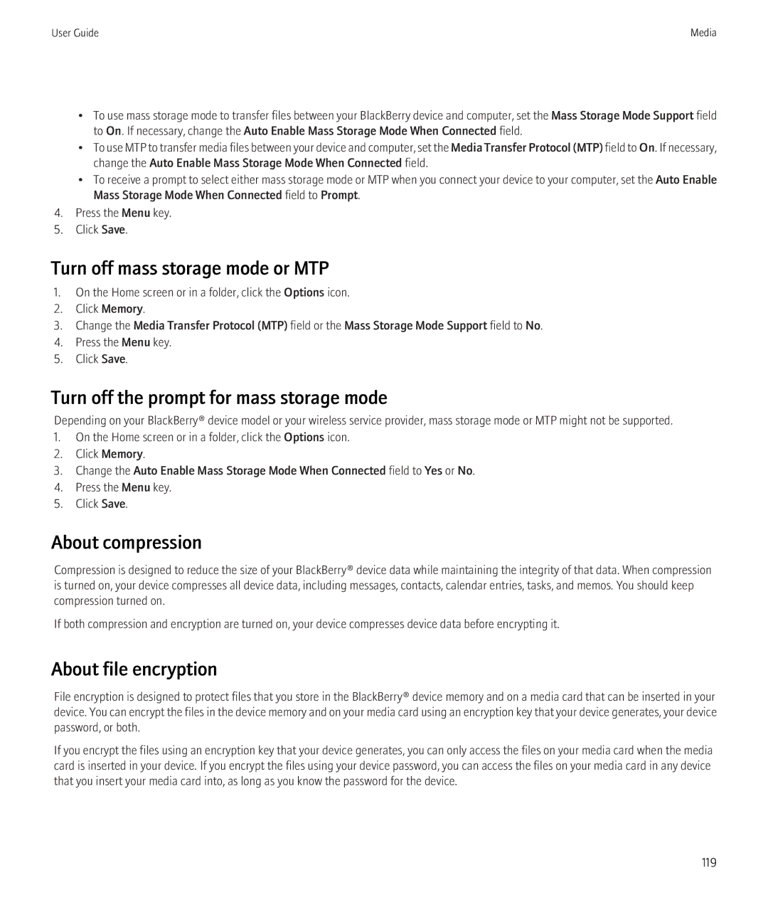 Blackberry 8910, 8900 manual Turn off mass storage mode or MTP, Turn off the prompt for mass storage mode, About compression 