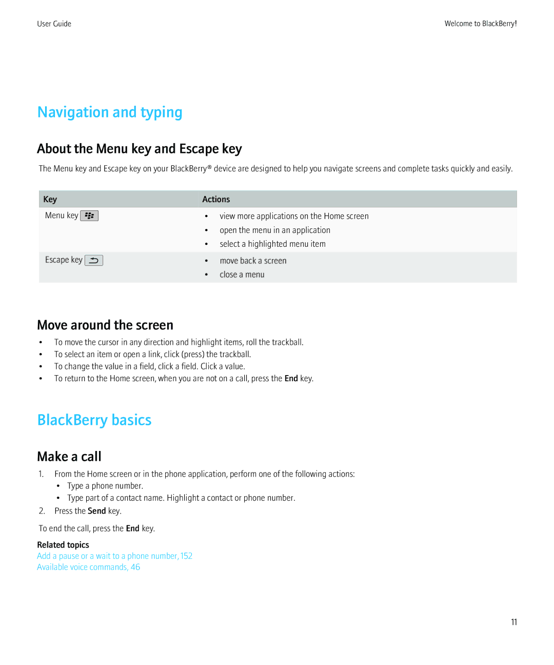 Blackberry 8910, 8900 Navigation and typing, BlackBerry basics, About the Menu key and Escape key, Move around the screen 