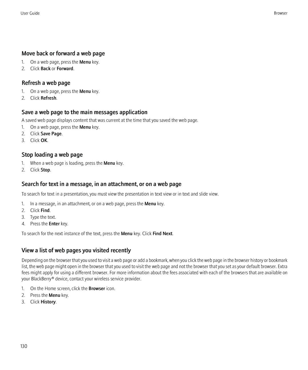 Blackberry 8900, 8910 manual Move back or forward a web, Refresh a web, Save a web page to the main messages application 