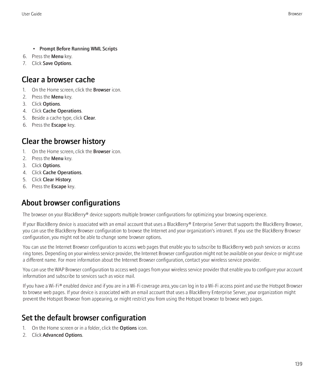 Blackberry 8910, 8900 manual Clear a browser cache, Clear the browser history, About browser configurations 
