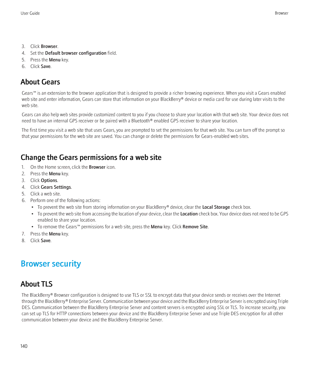 Blackberry 8900, 8910 manual Browser security, About Gears, Change the Gears permissions for a web site, About TLS 