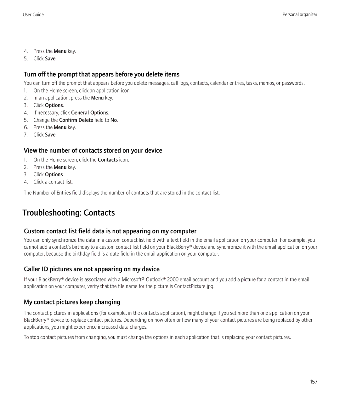 Blackberry 8910, 8900 manual Troubleshooting Contacts, Turn off the prompt that appears before you delete items 