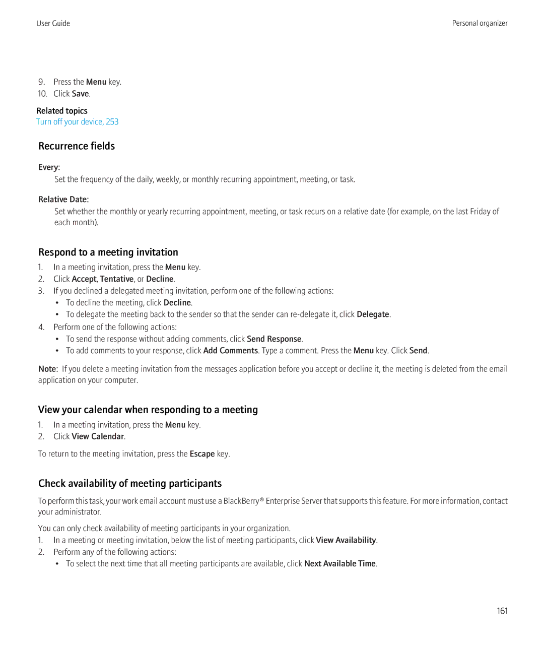 Blackberry 8910, 8900 manual Respond to a meeting invitation, View your calendar when responding to a meeting 