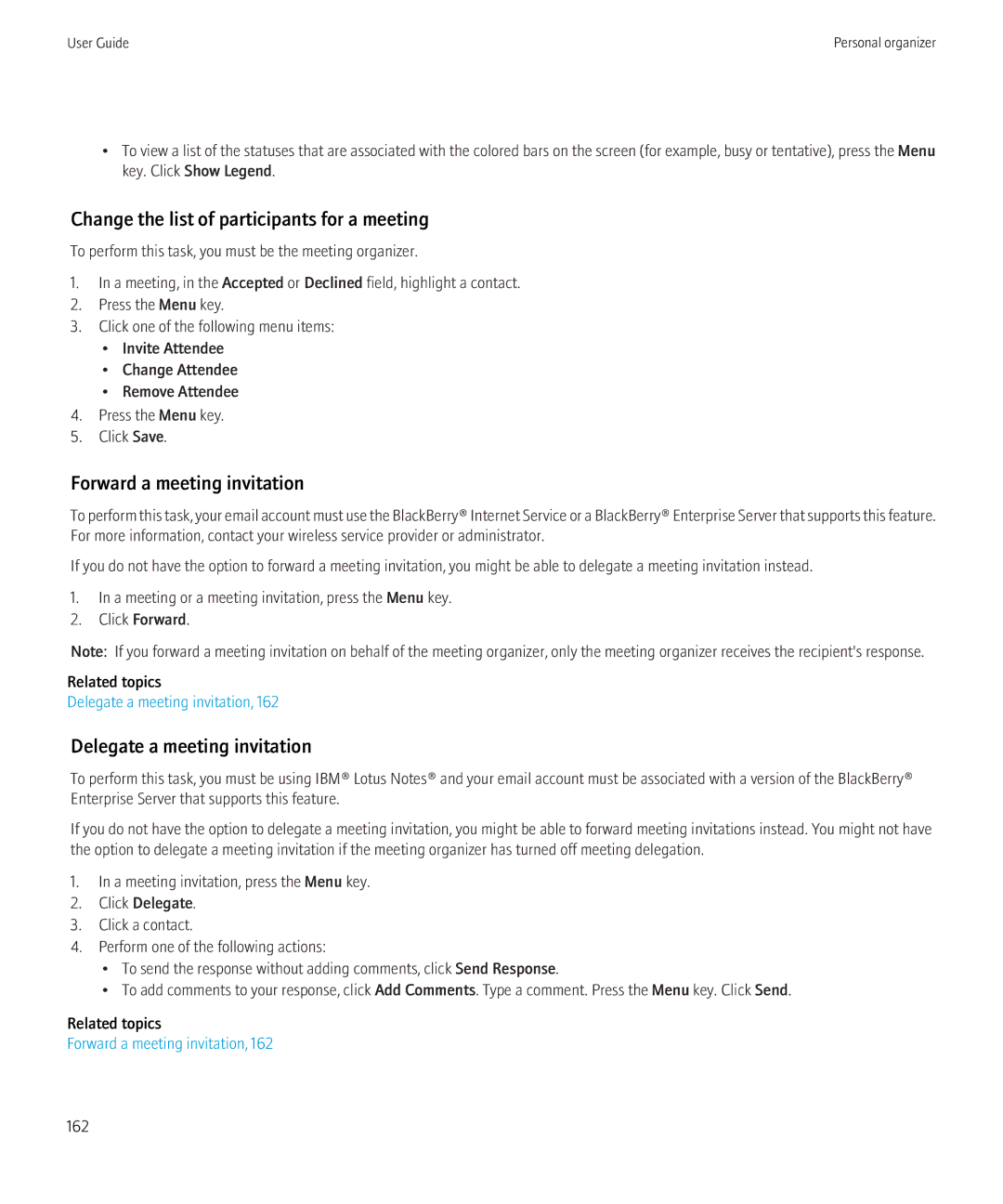 Blackberry 8900 Change the list of participants for a meeting, Forward a meeting invitation, Delegate a meeting invitation 