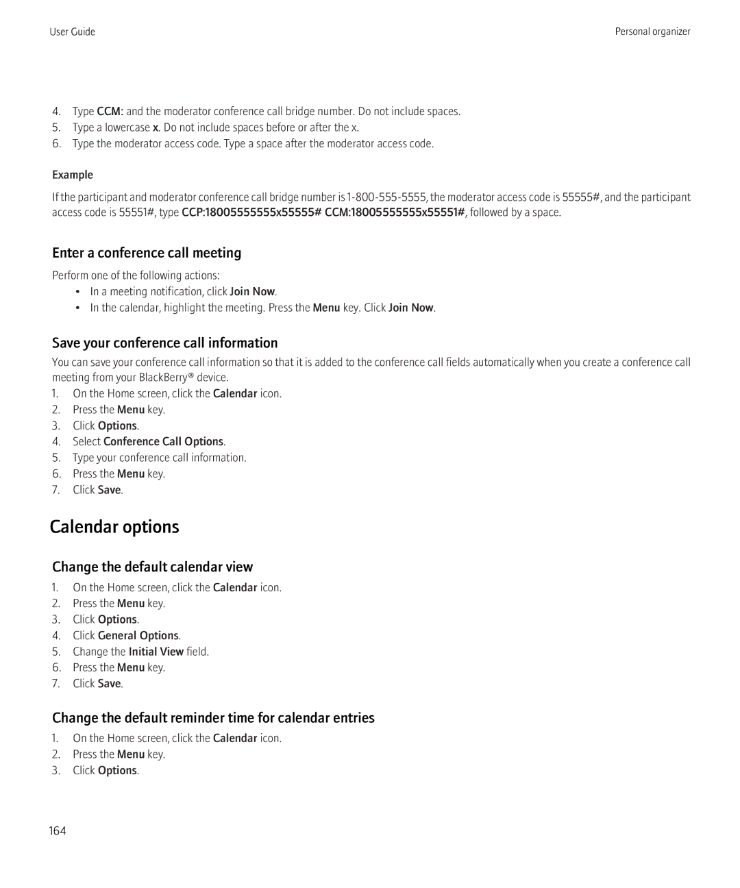 Blackberry 8900, 8910 manual Calendar options, Enter a conference call meeting, Save your conference call information 