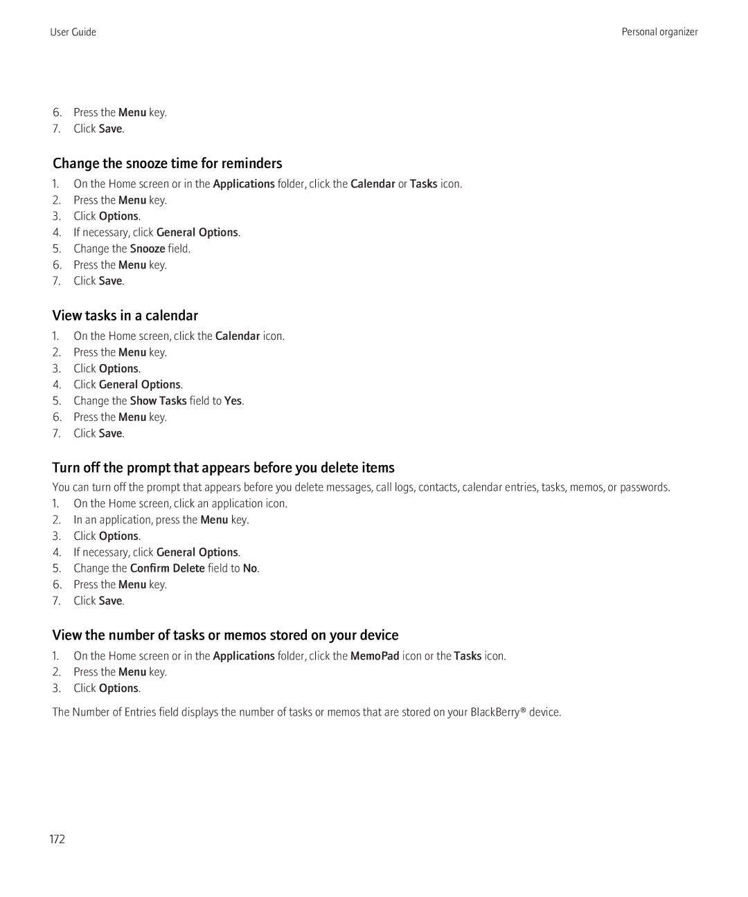 Blackberry 8900, 8910 manual Change the snooze time for reminders, View the number of tasks or memos stored on your device 