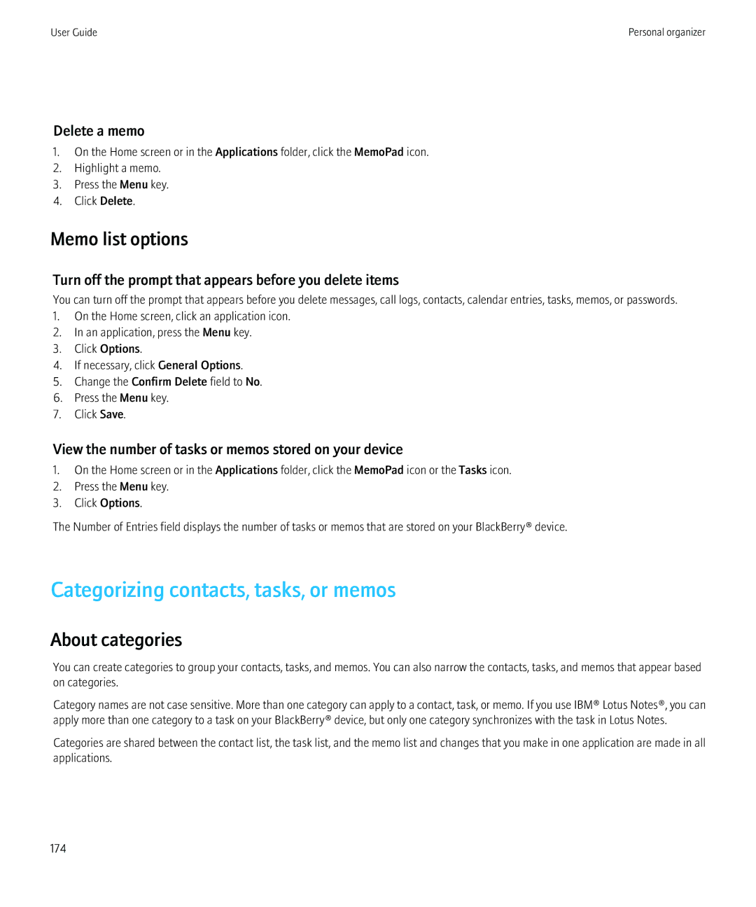 Blackberry 8900, 8910 manual Categorizing contacts, tasks, or memos, Memo list options, About categories, Delete a memo 