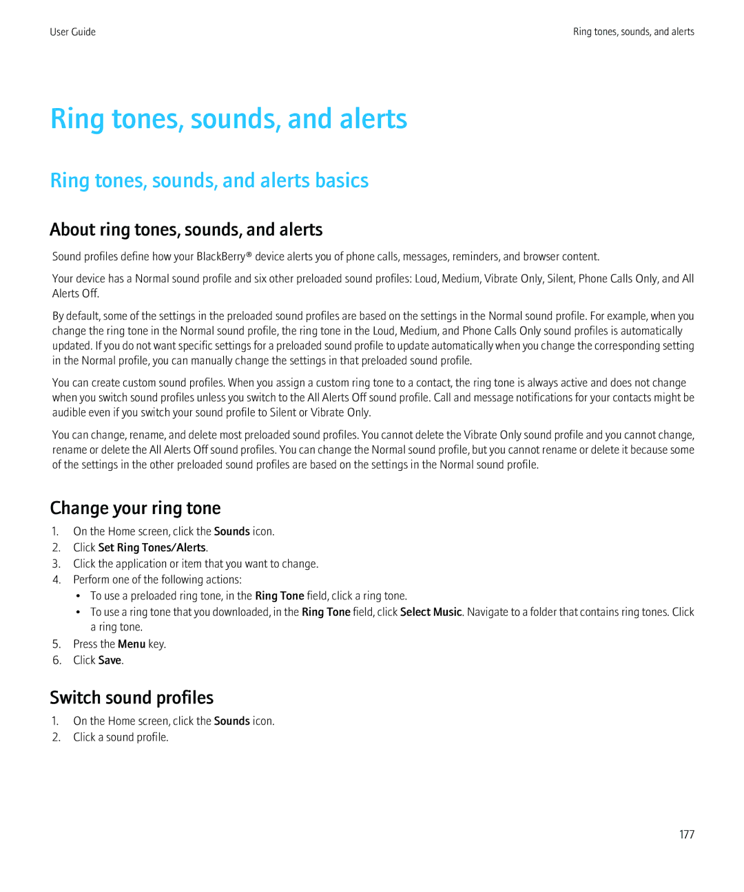 Blackberry 8910 Ring tones, sounds, and alerts basics, About ring tones, sounds, and alerts, Switch sound profiles 