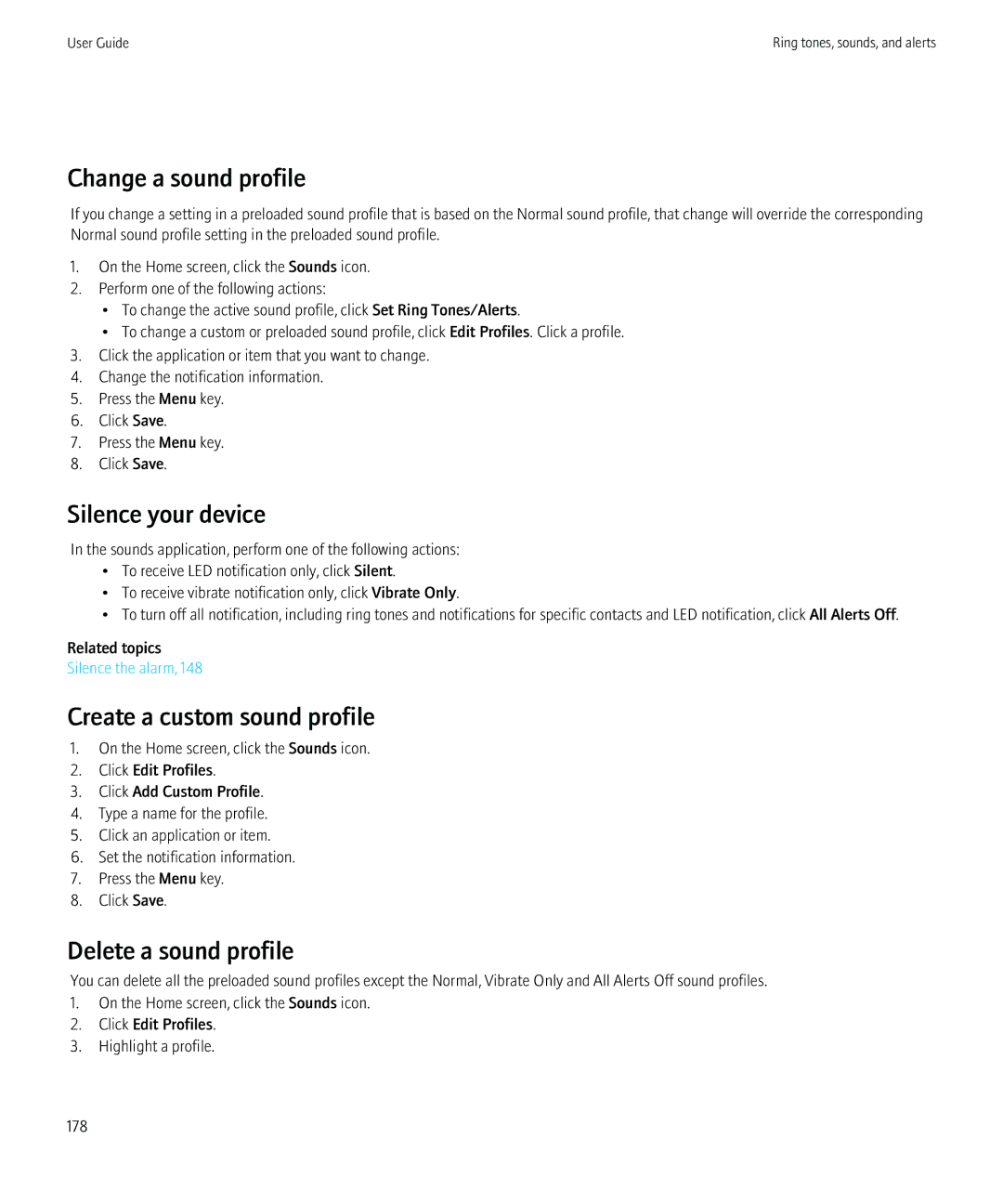 Blackberry 8900, 8910 Change a sound profile, Silence your device, Create a custom sound profile, Delete a sound profile 