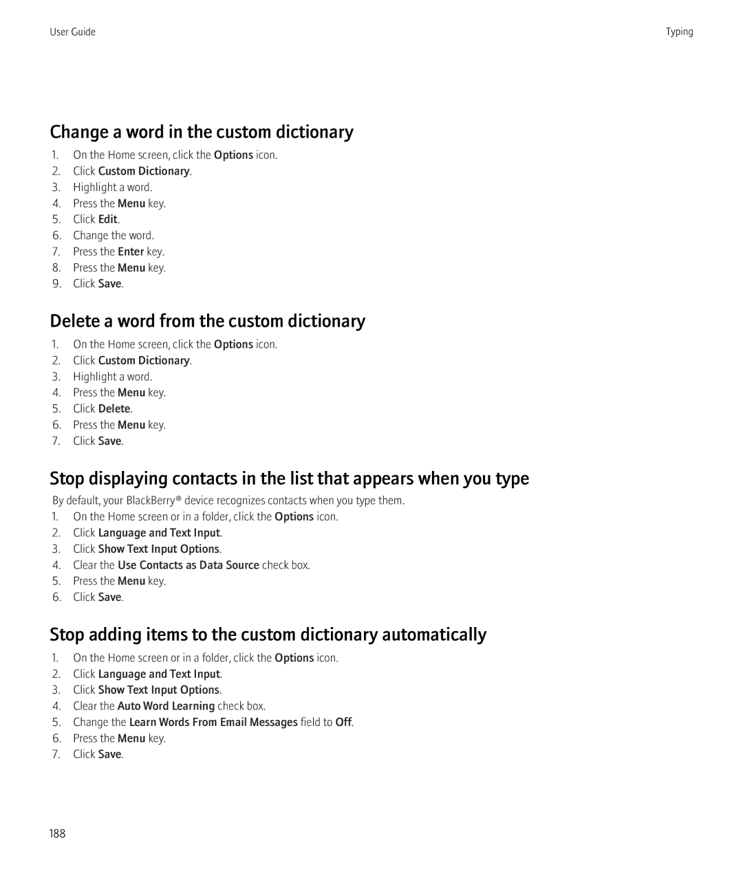 Blackberry 8900, 8910 manual Stop adding items to the custom dictionary automatically 